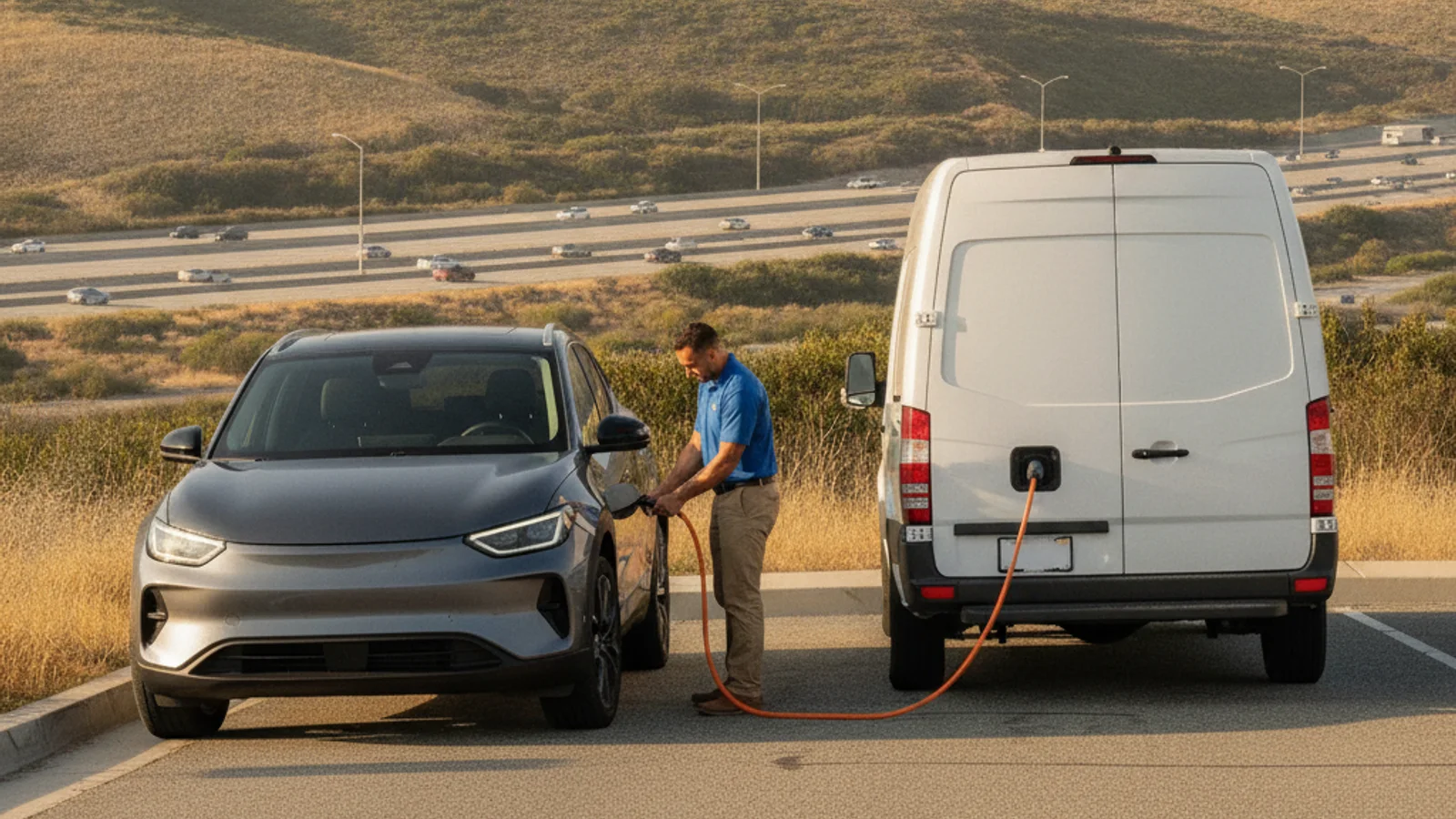 Mobile EV charging truck arriving on a rural road