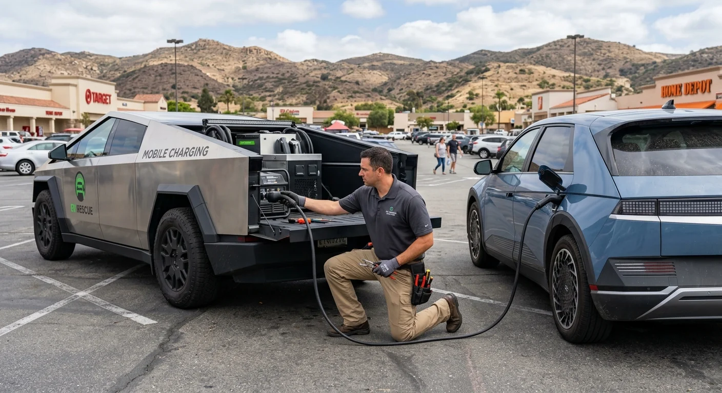 Mobile EV charging truck arriving on a wet road near a mountain pass