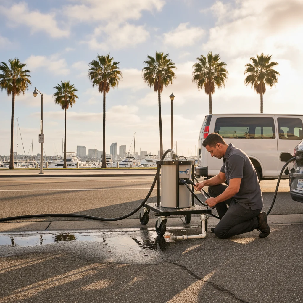 Mobile EV charging truck arriving on a wet suburban road