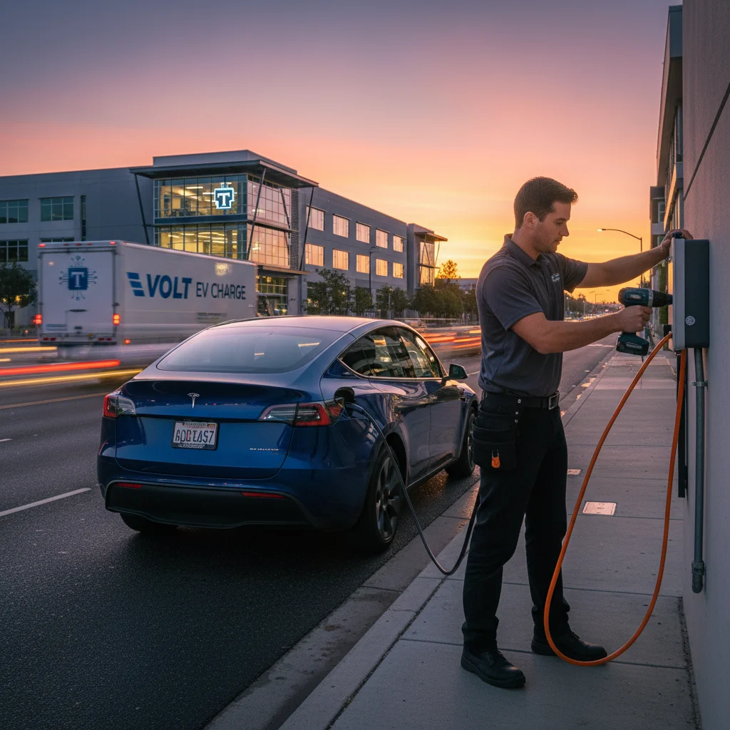 Tesla stranded on a suburban arterial during commute hours with a mobile operator vehicle arriving