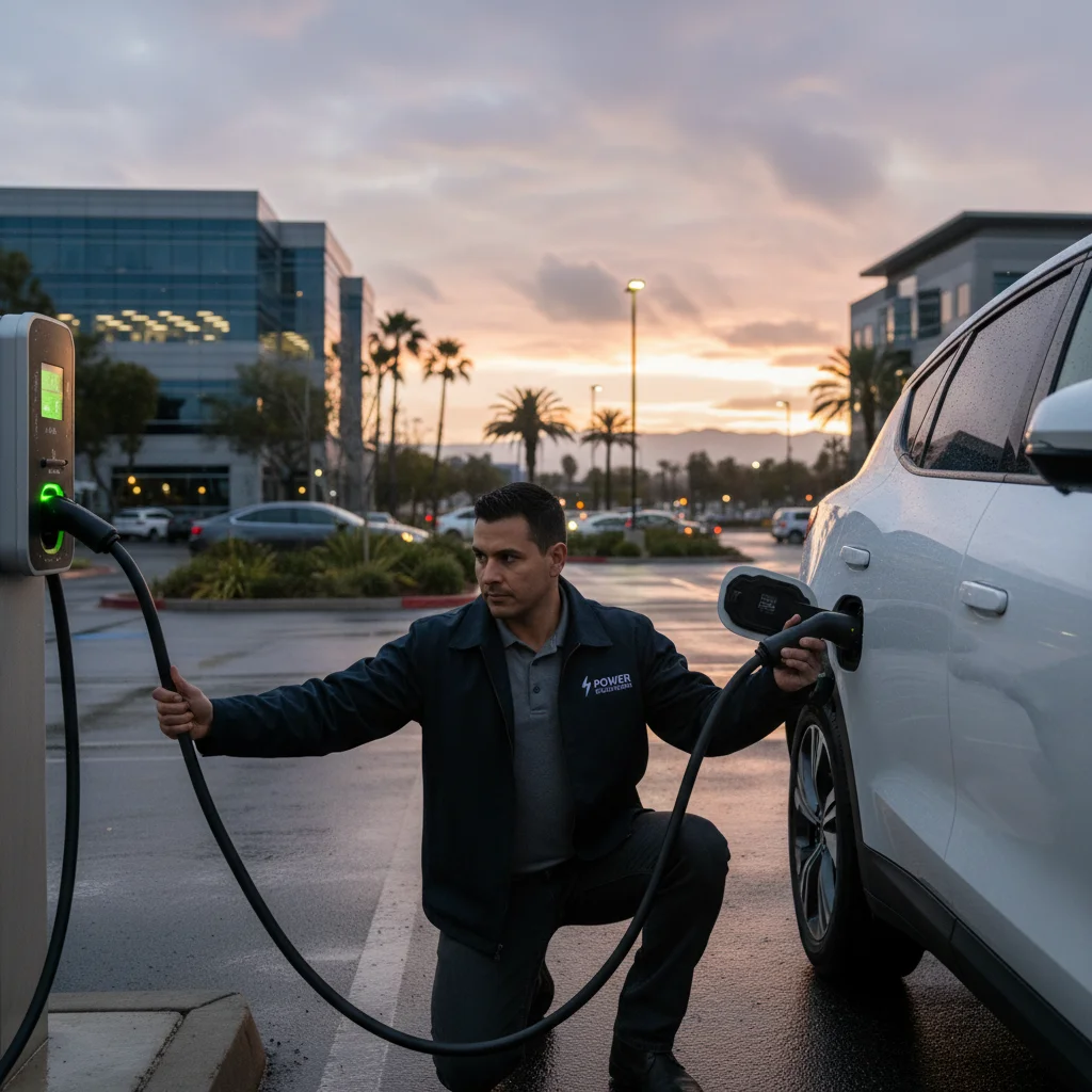 Operator providing mobile charging to an EV in an office park parking lot