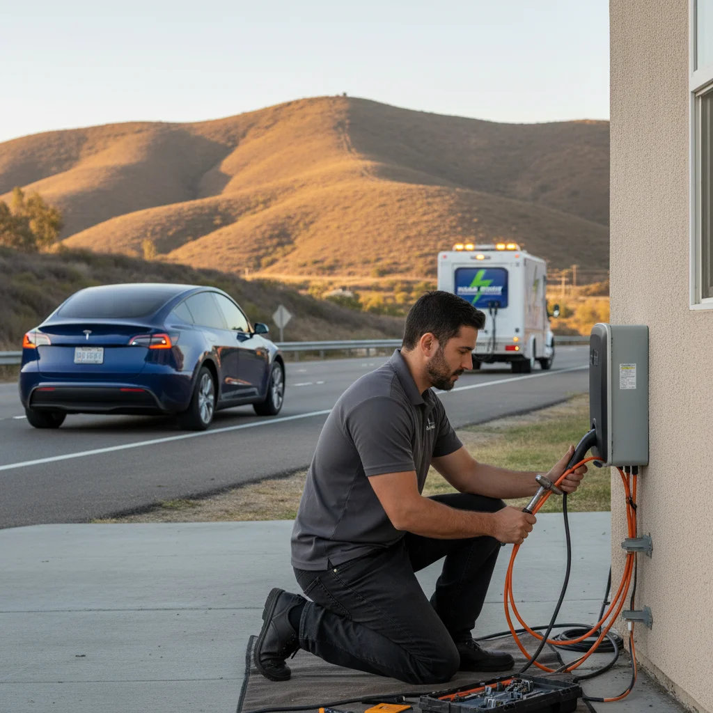 An EV stranded on the Sammamish Plateau receives mobile EV charging from a rescue truck.