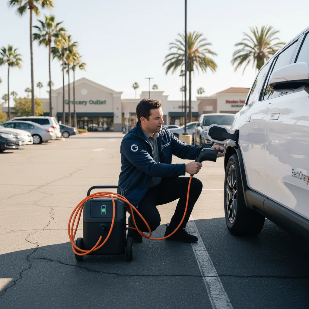 Rescue technician providing mobile EV charging to a Rivian in a Sammamish Plateau parking lot.