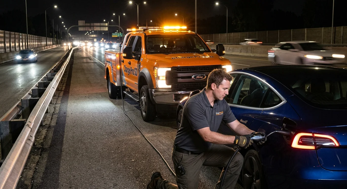 A stranded electric car on the shoulder of a highway at night, with a rescue vehicle pulling up behind, its lights illuminating the scene.