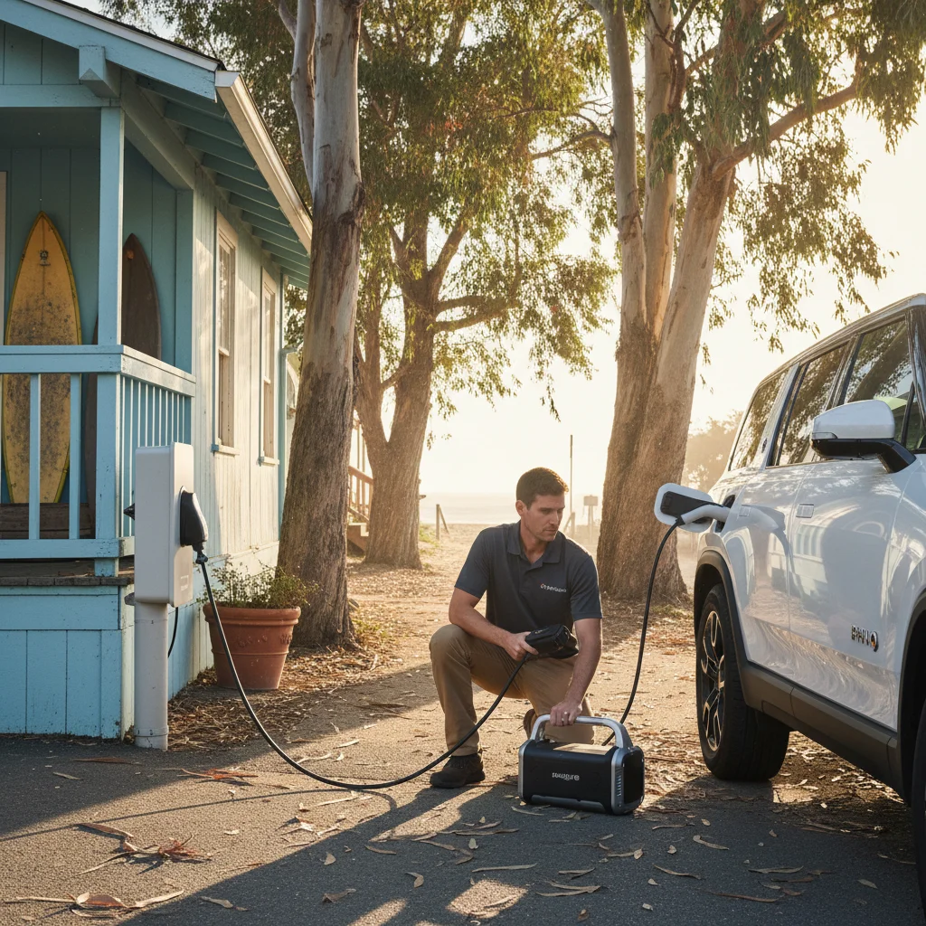 Mobile charging technician plugging a connector into a Rivian in a Shoreline apartment lot