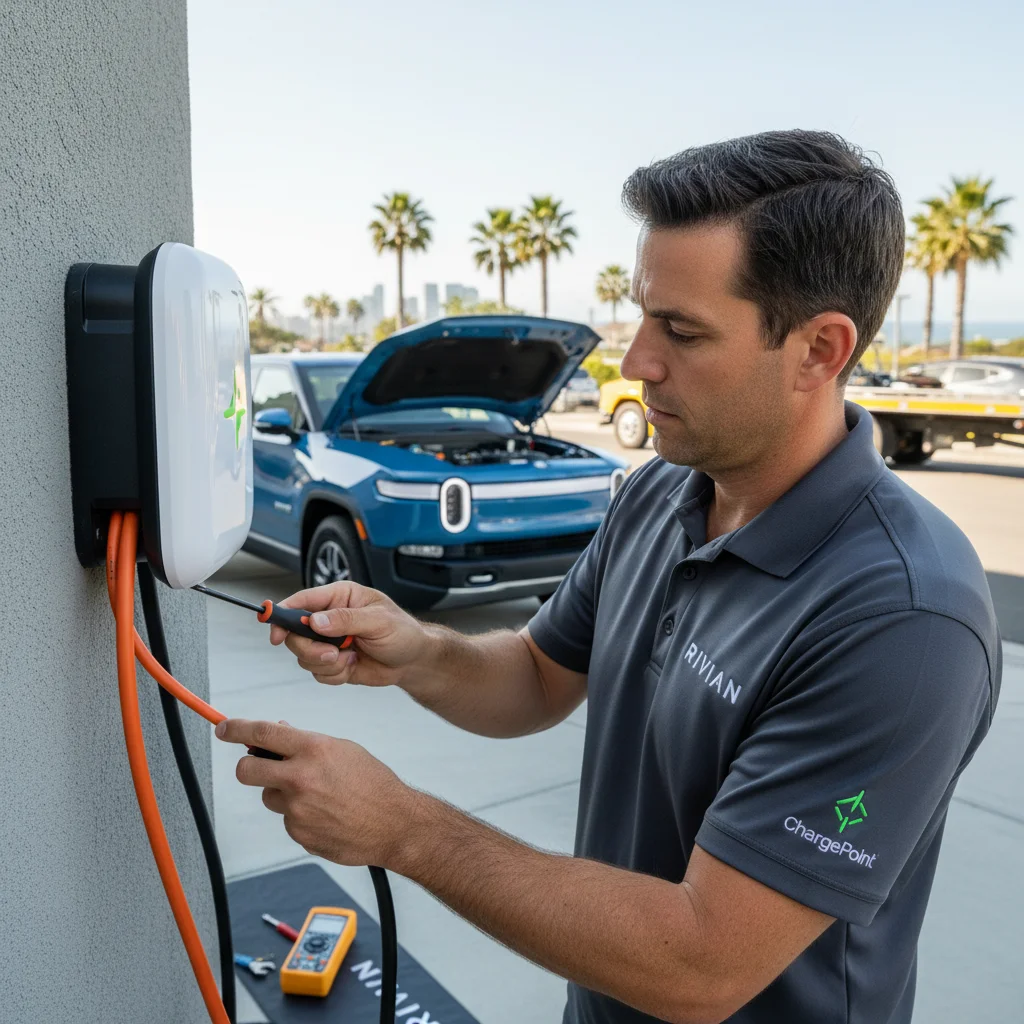 Close-up of a CCS connector being inserted into a Rivian R1T charge port by a uniformed technician