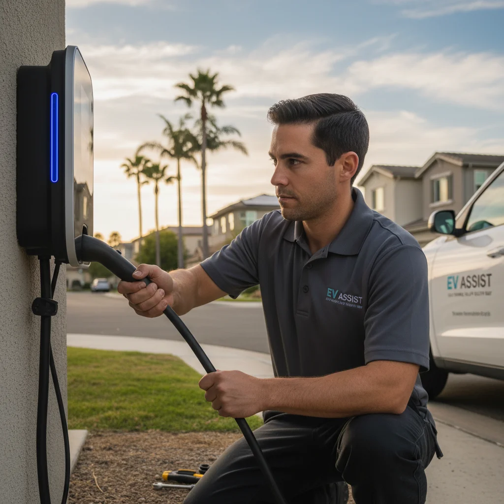 Technician plugging a CCS charger into a Hyundai Ioniq 5 on a residential Tacoma street lined with older homes.