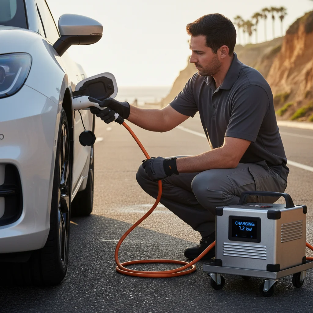 EV roadside assistance in University Place: mobile charging for Pierce coastal drivers, illustration.