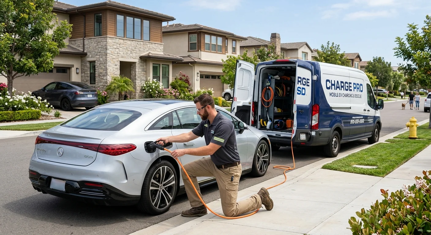 A mobile EV rescue truck providing a charge to a Tesla in a rural winery parking lot near Woodinville, with vines and forested hills in the background.