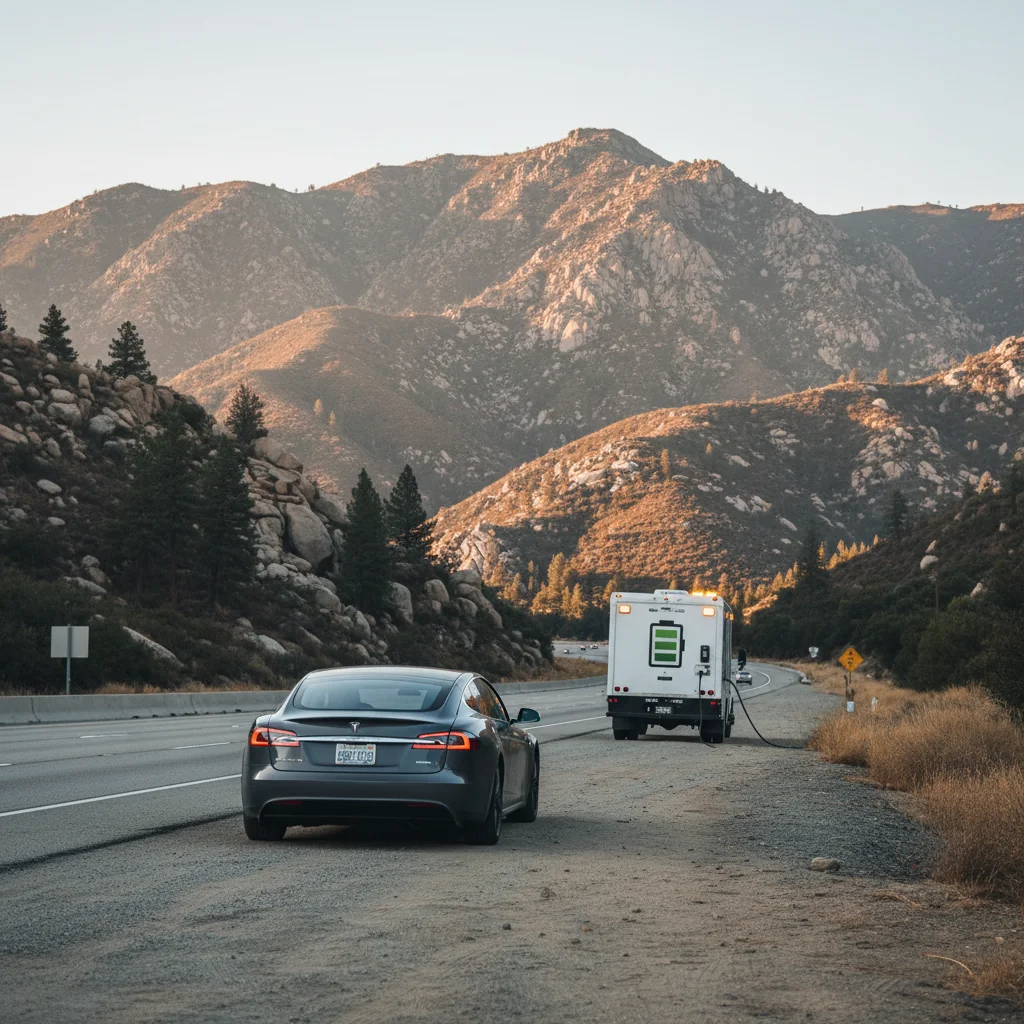 A stranded EV on a freeway shoulder with a mobile operator vehicle approaching