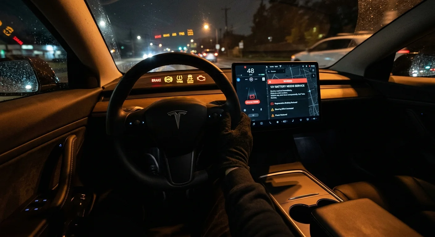 Dead 12V battery in an EV with the dashboard dark