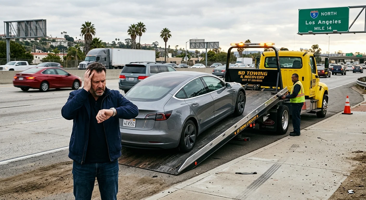 An EV being loaded onto a flatbed tow truck on the side of a busy freeway in King County, with the driver looking stressed and checking their watch.
