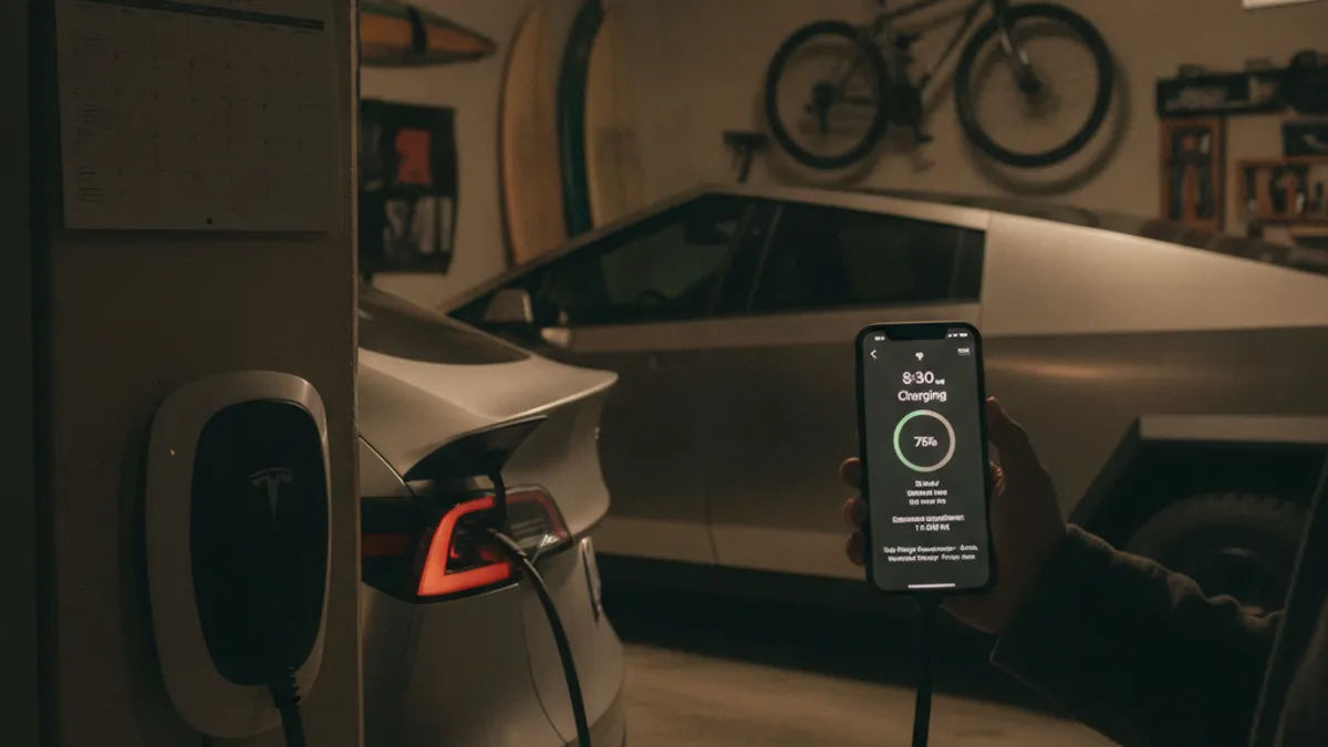 Tesla connected to a Level 2 charger on a wet evening