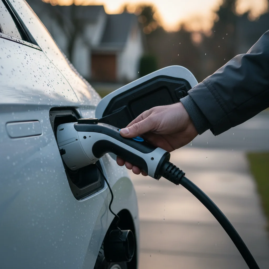 EV charging cable stuck in a charge port on a wet morning