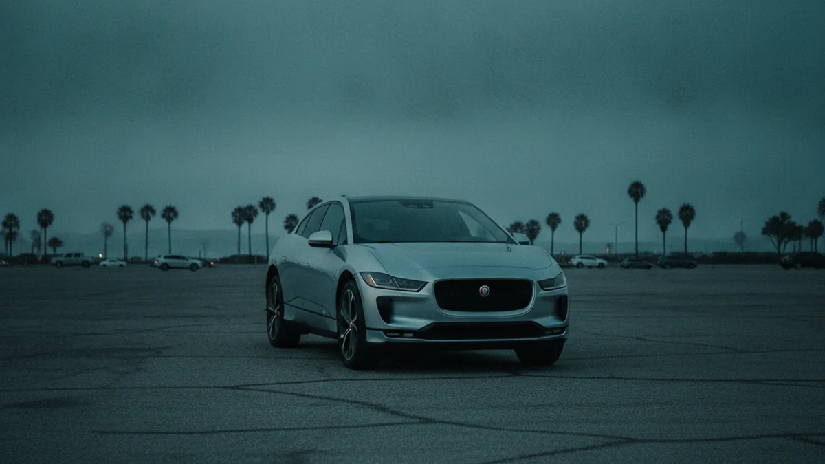 A Jaguar I-Pace electric SUV parked in a dim Seattle parking garage at dusk with a dark, unlit dashboard, illustrating a dead 12V battery.