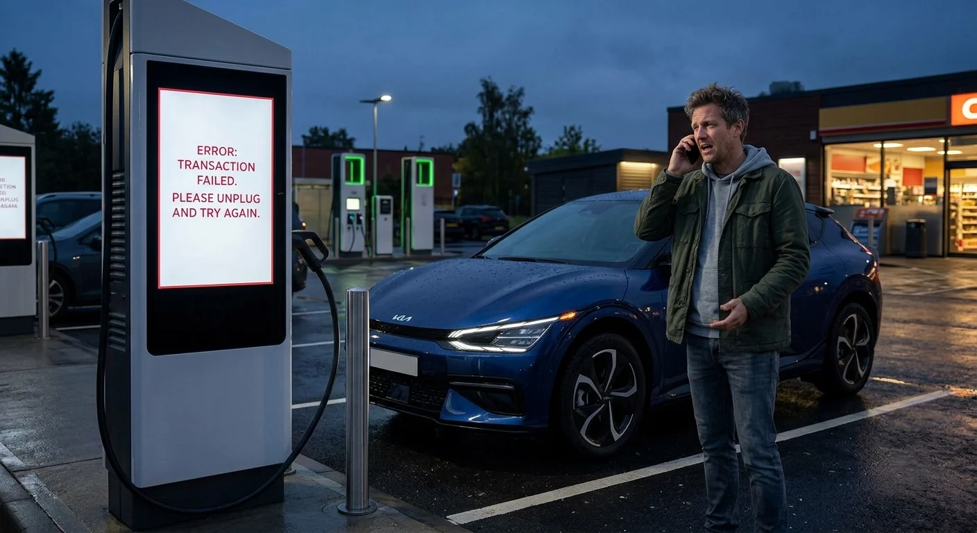 Driver inspecting a wet charge port on a parked EV