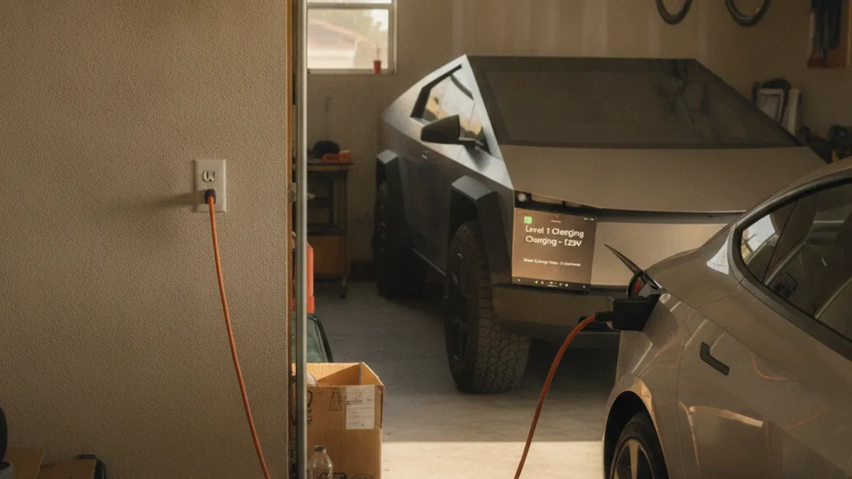 An EV charging cable plugged into a standard household wall outlet in a Puget Sound garage, with the car's dashboard showing a slow charging rate.