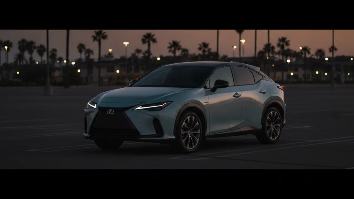 A Lexus RZ parked in a dim Eastside garage at dusk with a dark, unlit dashboard