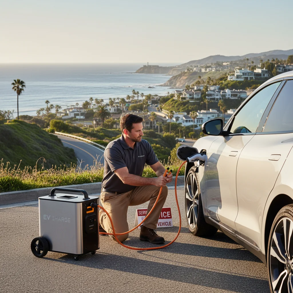Mobile EV charging truck on a coastal road with a bridge in the background