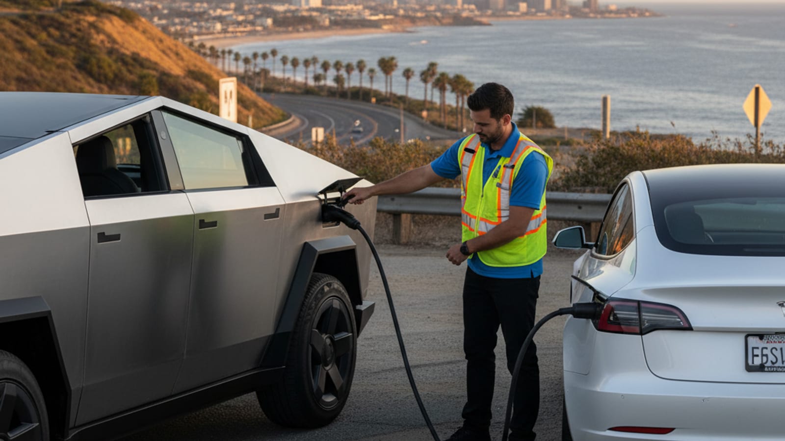 An operator vehicle with a mobile EV charging unit connected to a stranded electric car on the side of a Puget Sound freeway with evergreens in the background.
