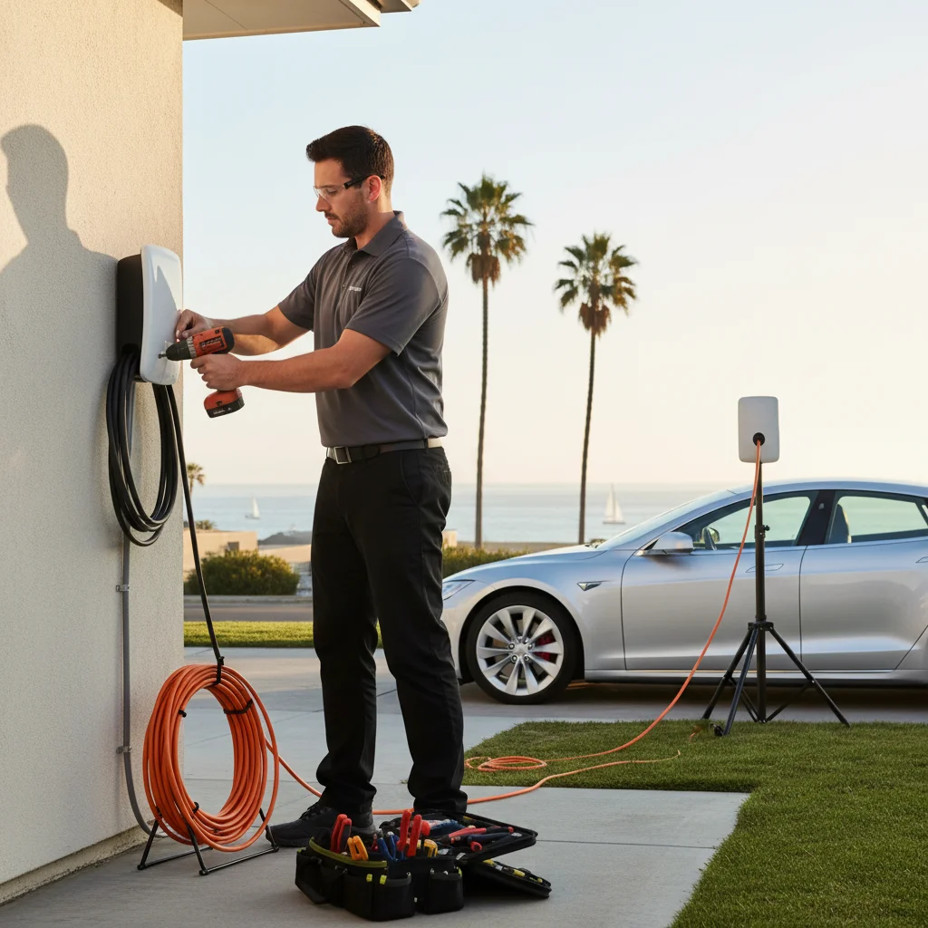 Operator explaining a quote to a driver at the rear of a mobile EV charging truck