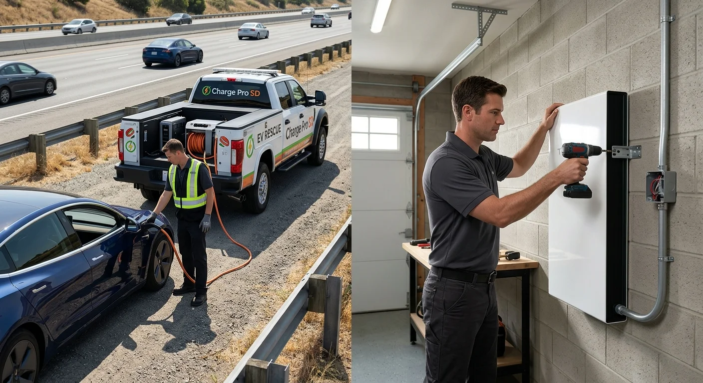 Split-screen image. On the left, a mobile EV rescue vehicle is charging a stranded EV on the side of a freeway. On the right, a wall-mounted home battery on a garage wall.