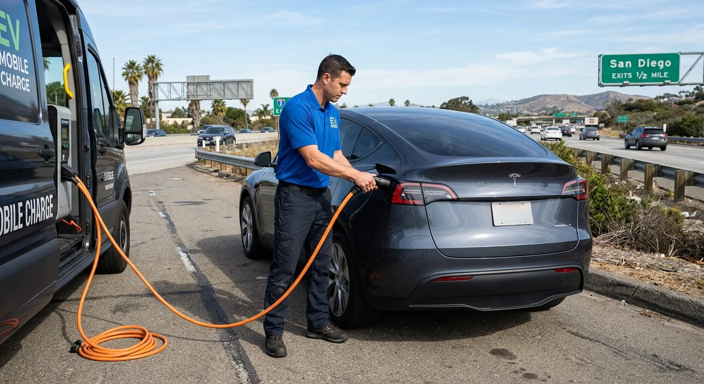 Mobile EV charging truck connected to a Tesla at the curb
