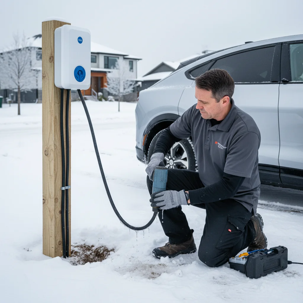 Charge cable stuck in an EV charge port on a wet morning