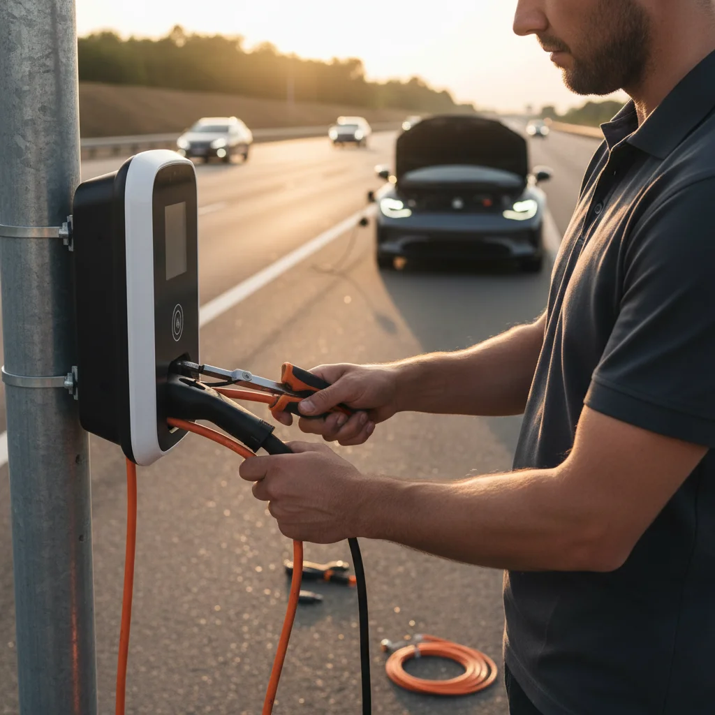 A mobile charging truck parked on a freeway shoulder behind a stranded EV, with cones set up around the scene.