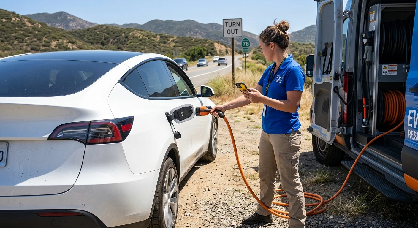 Electric vehicle stopped safely in a turnout on US-2 east of Gold Bar with forested Stevens Pass foothills in the background