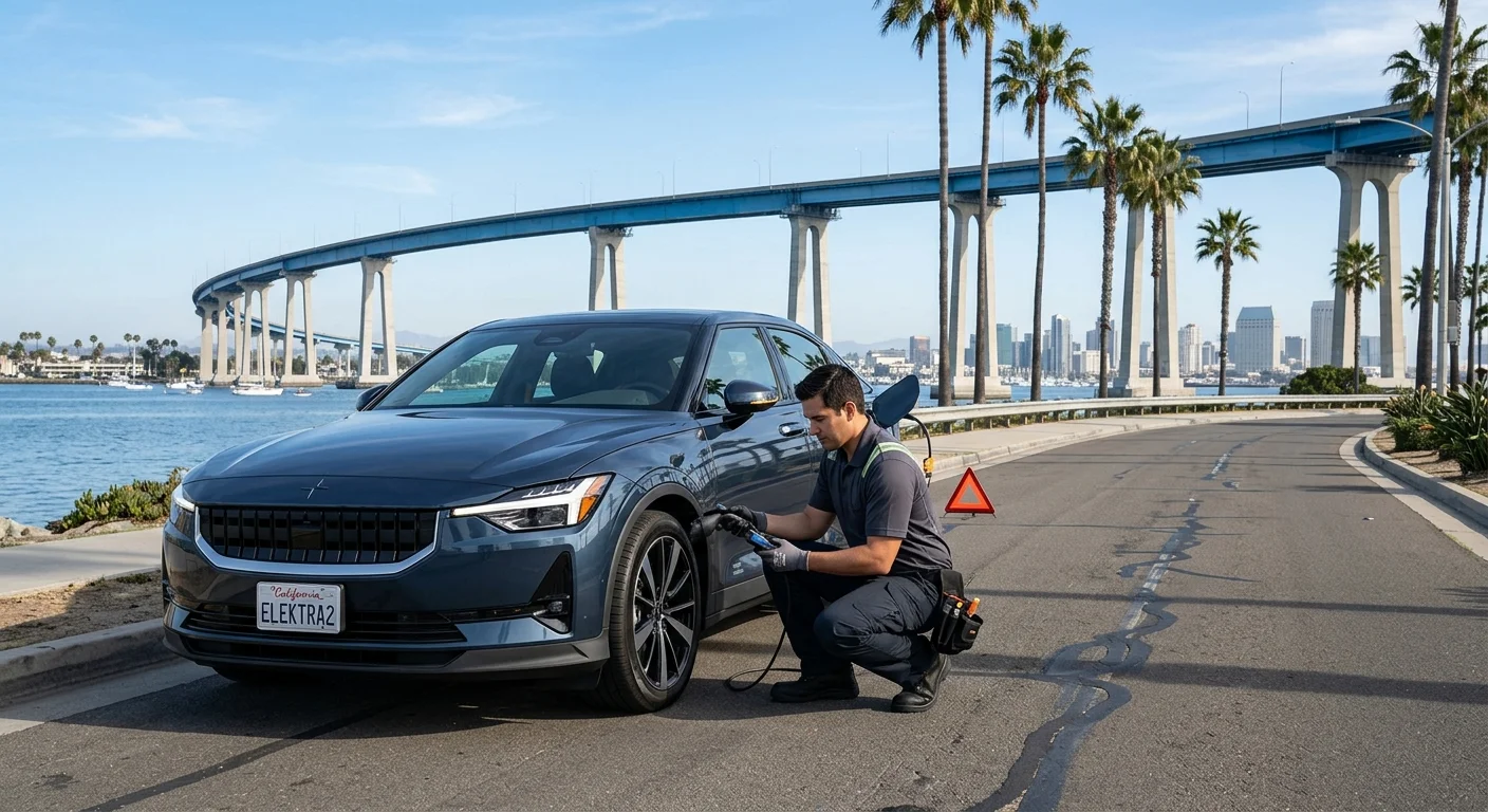 Polestar EV at the curb with a mobile operator vehicle nearby