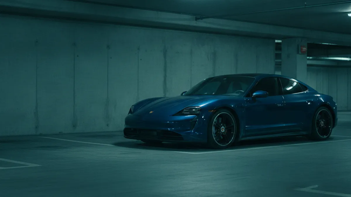 A Porsche Taycan parked in a Bellevue garage with a dark dashboard, illustrating a dead 12V battery