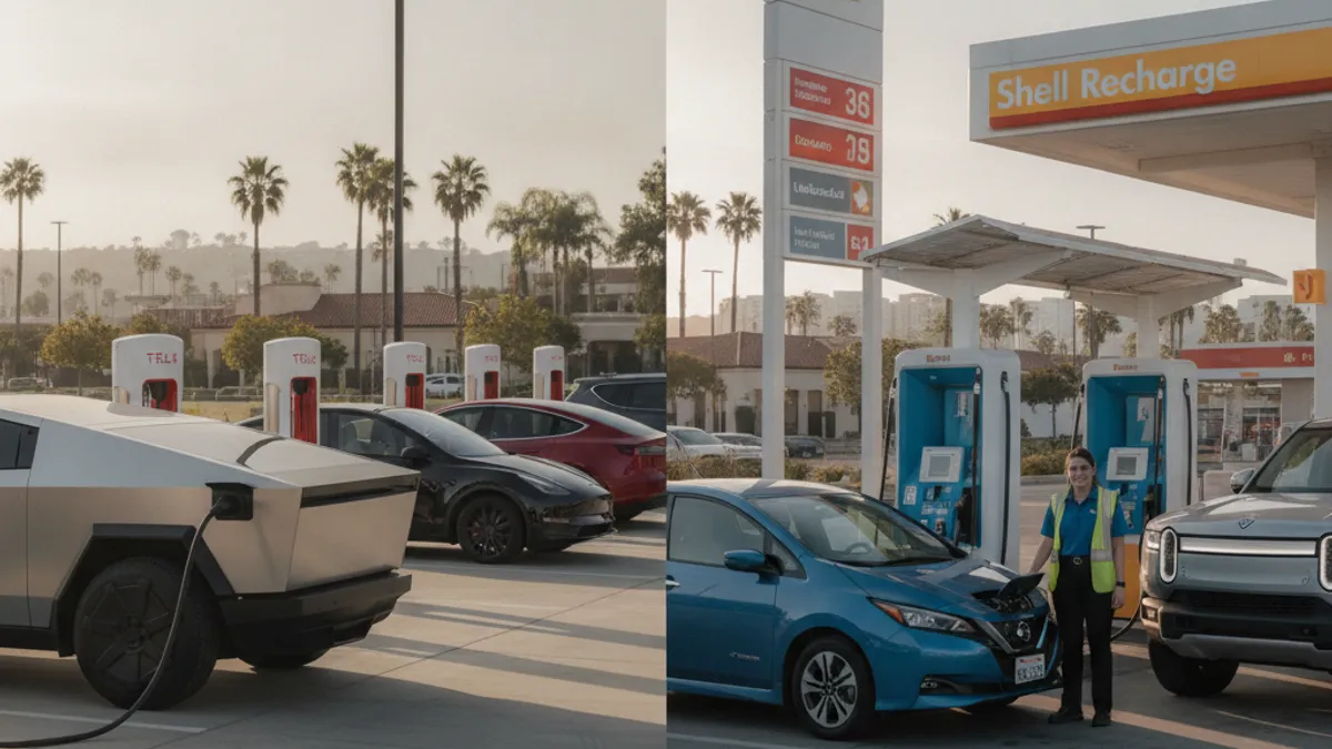 A split scene showing a Tesla Supercharger station on one side and a public DC fast charging station on the other, both in a Shoreline setting.