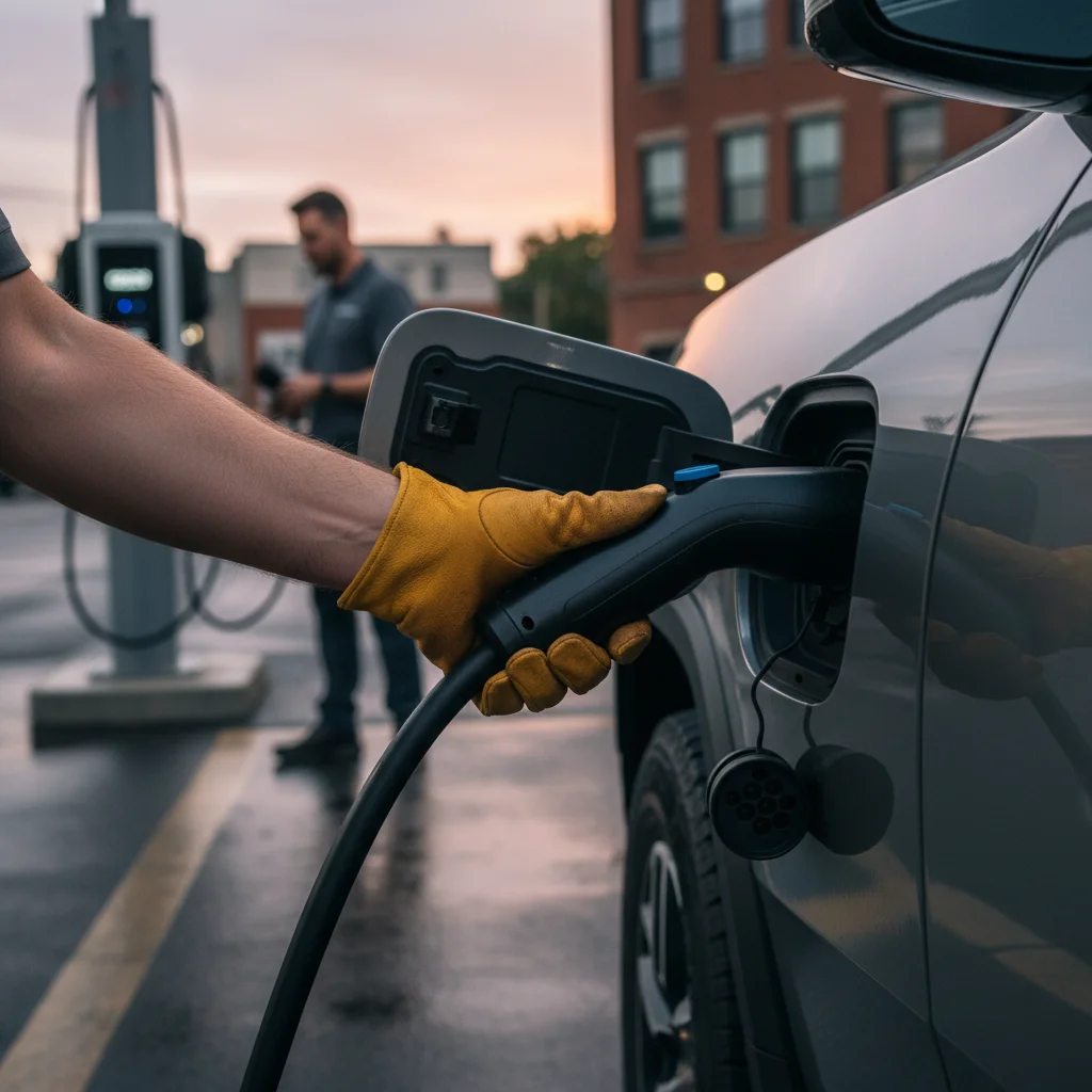 A hand reaching to unplug a CCS cable from a Rivian R1T charge port at dusk in a Bellevue apartment parking lot