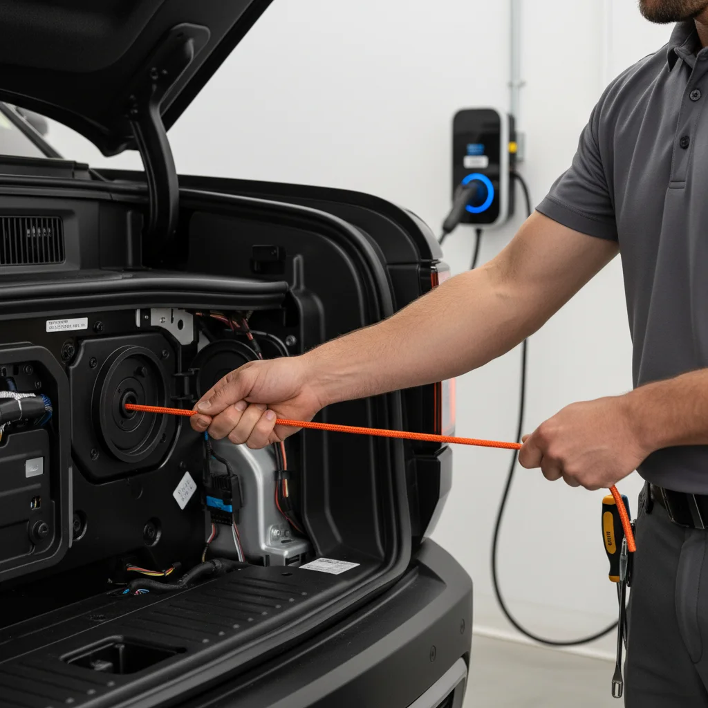Open Rivian frunk showing the manual charge port release cable being pulled by a hand.