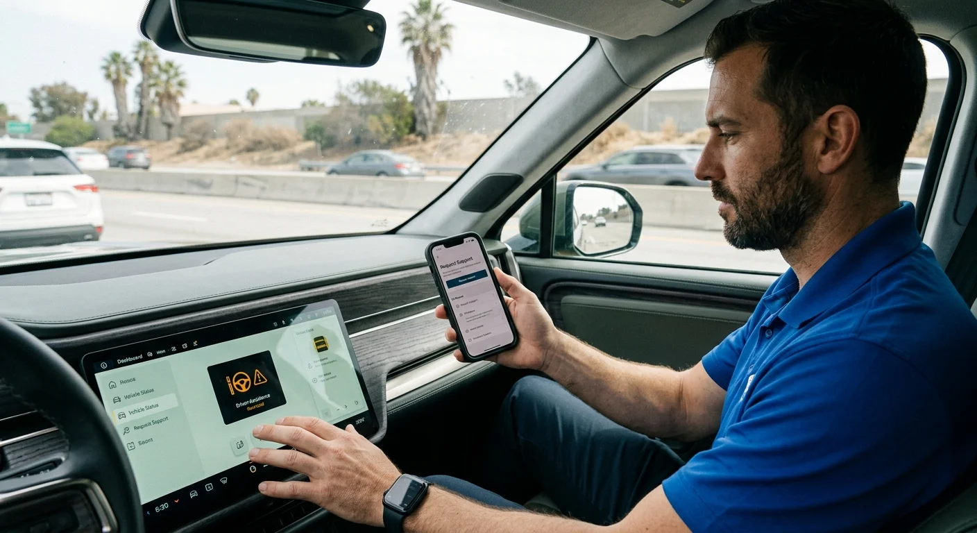 Rivian truck at the curb with a mobile operator vehicle nearby