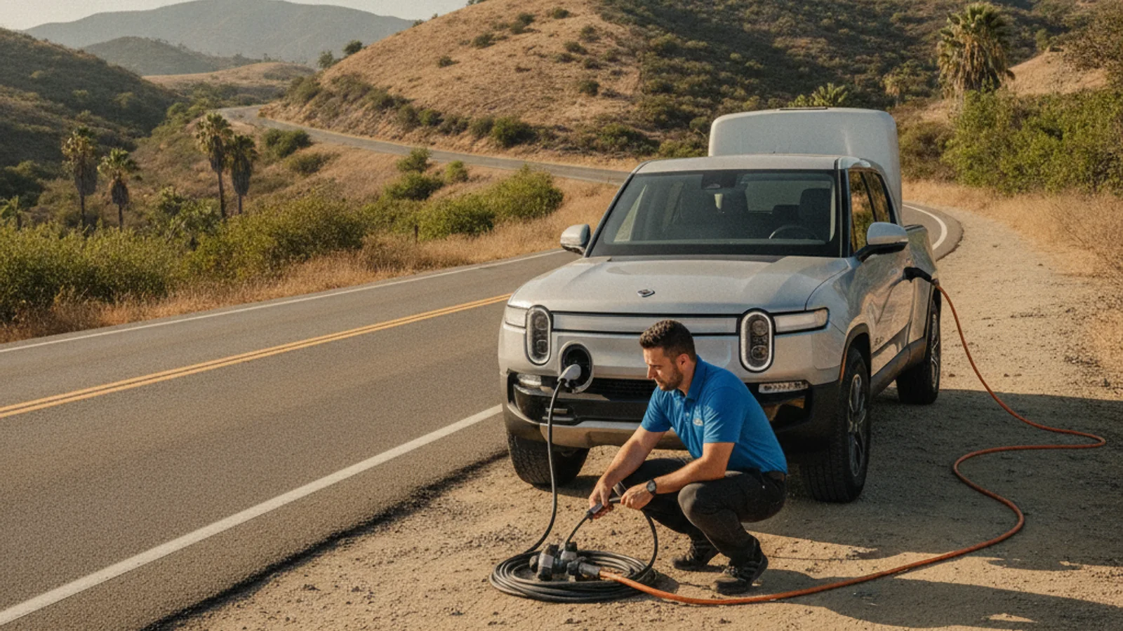 Mobile EV charging truck connected to a Rivian truck at the curb