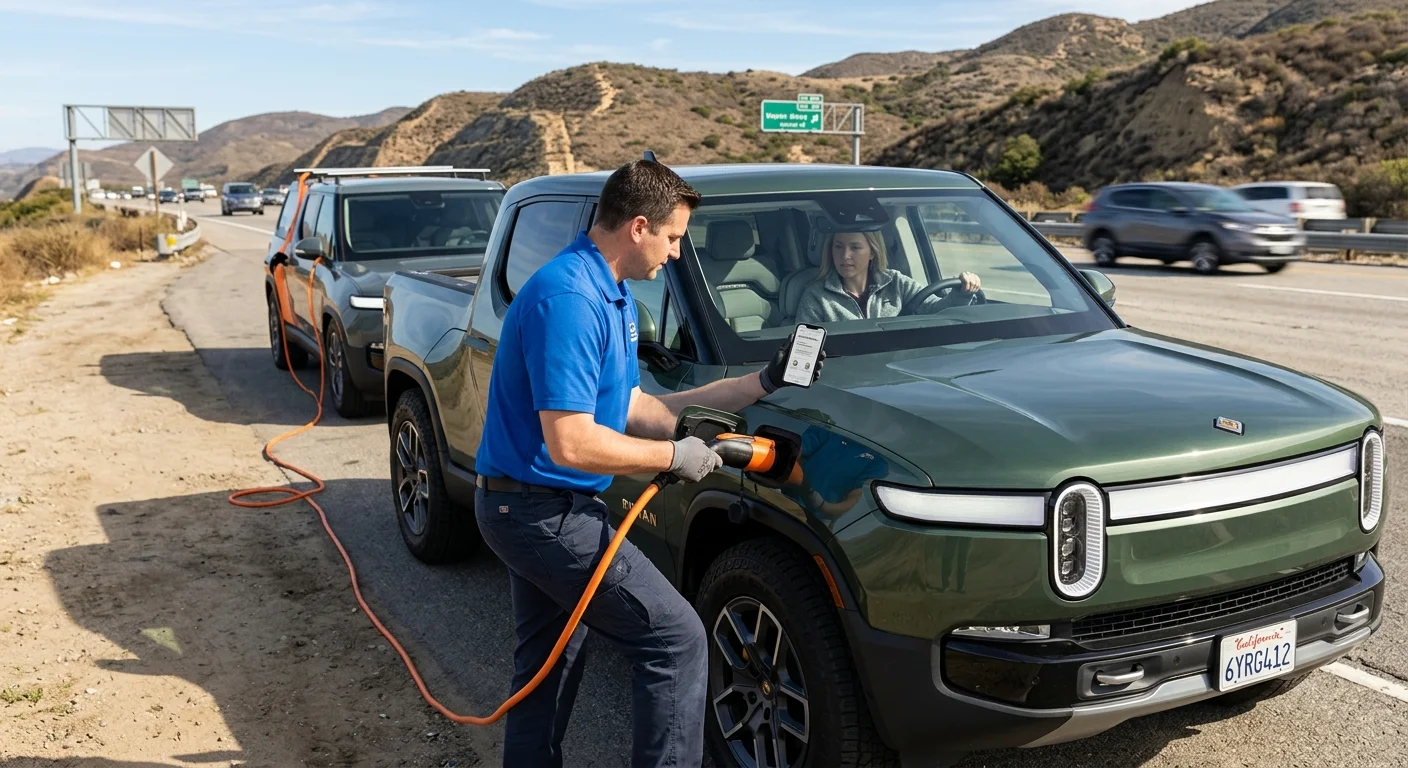 Driver on the phone next to a Rivian truck with a mobile operator vehicle approaching