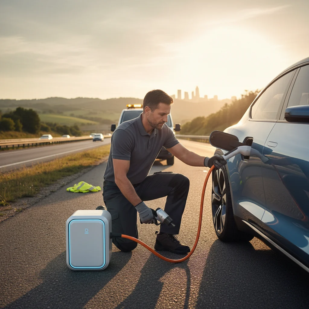 Mobile EV charging truck connected to a stranded EV at the curb