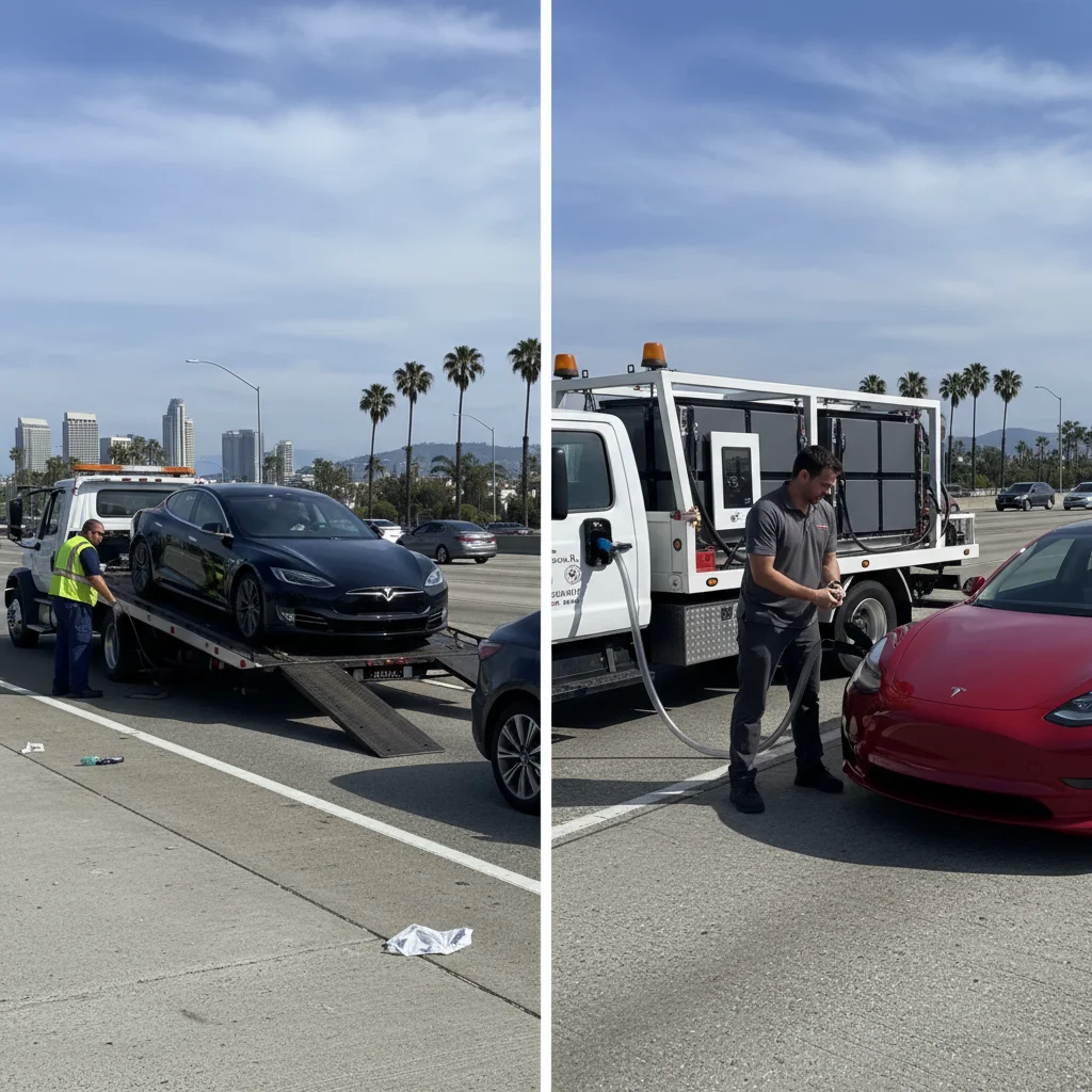 Split-frame photo of a tow truck loading an EV and a mobile charger plugging into an EV on a Puget Sound freeway
