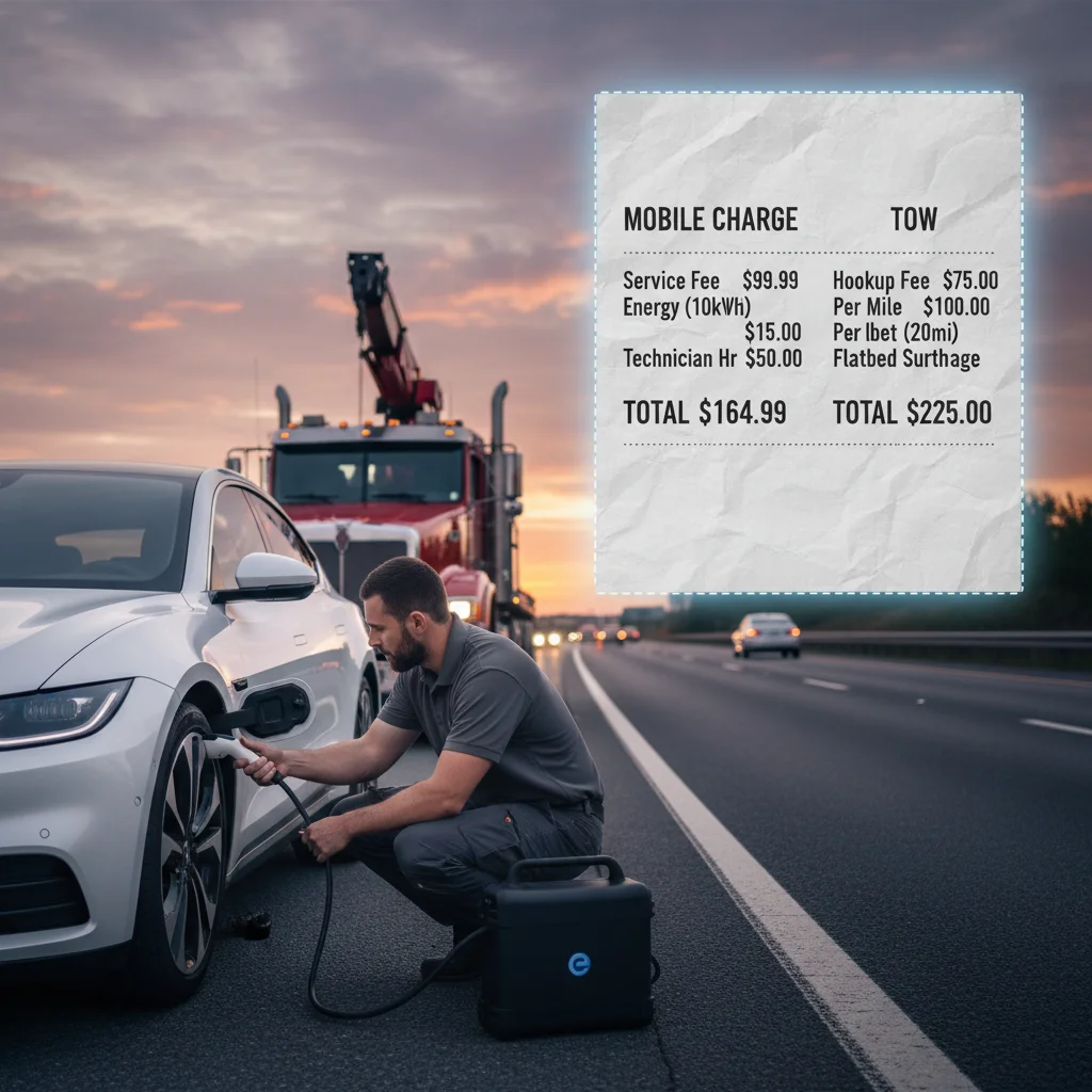 Receipt-style overlay showing two invoice columns, mobile charge vs tow, beside an EV on the shoulder