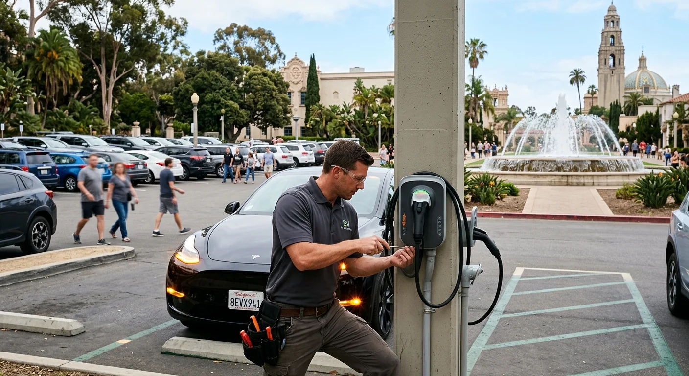 An electric vehicle with its hazard lights on parked in a busy Point Defiance park lot near the ferry terminal