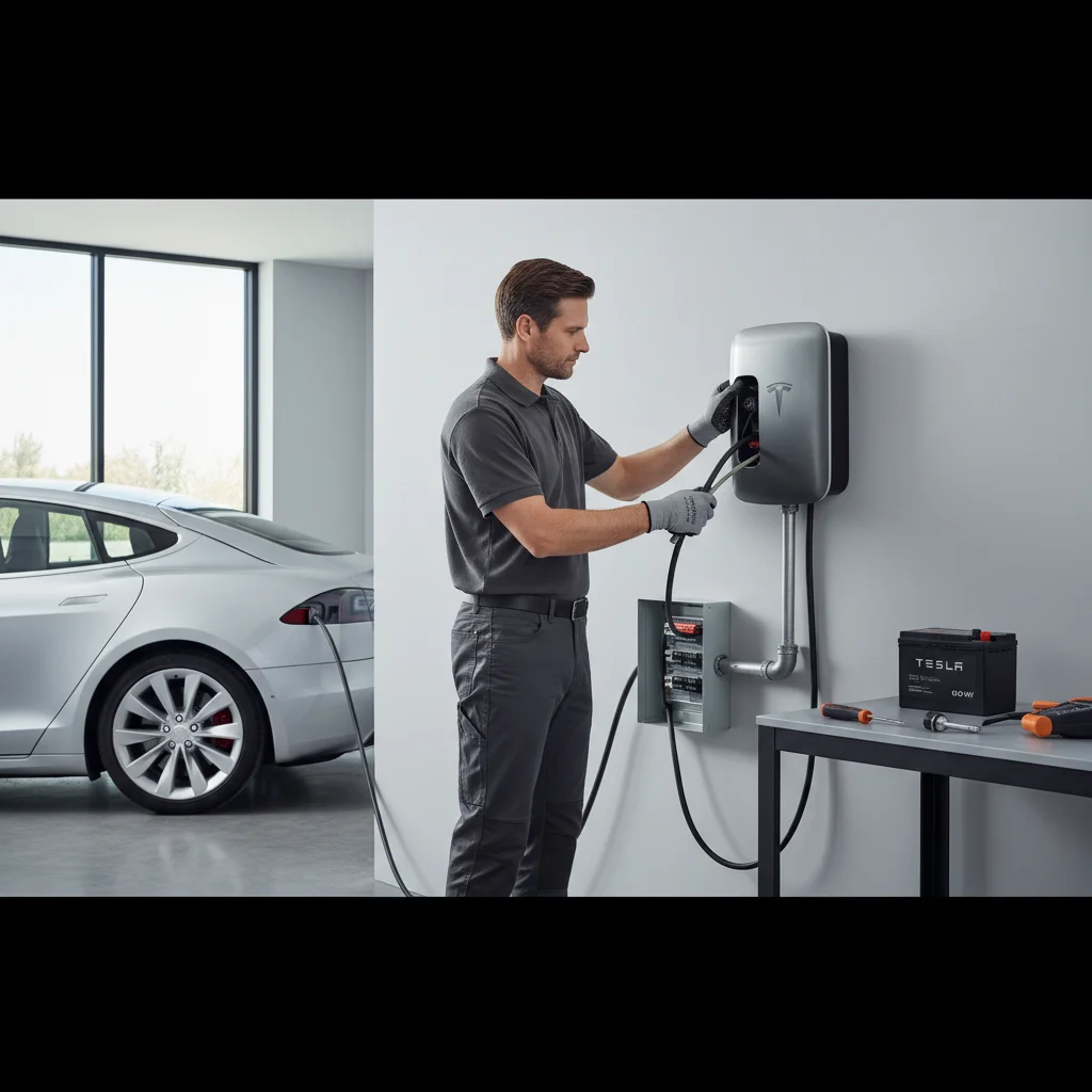 Mechanic replacing the 12V battery in a Tesla front trunk