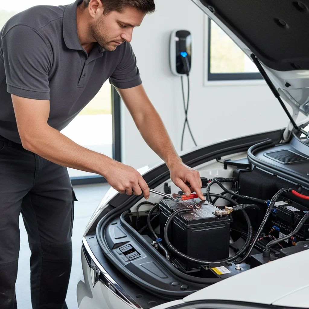Open Tesla frunk revealing the small 12V lithium battery with a multimeter clipped