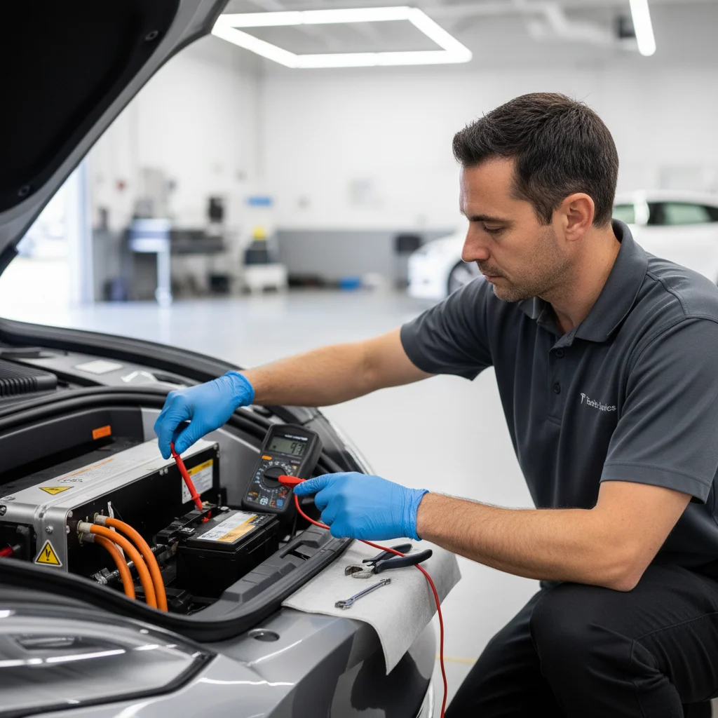 Side-by-side photo of a Tesla 12V battery in the frunk and the high-voltage pack diagram on a tablet screen, clean workshop lighting