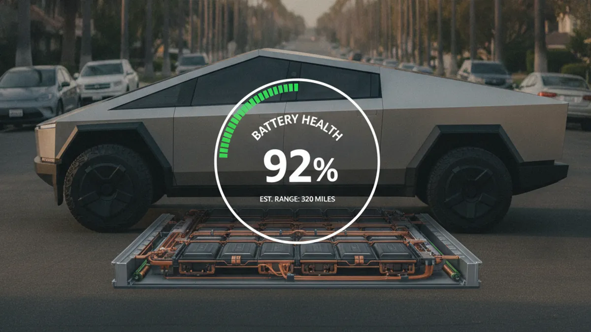A cutaway illustration of a Tesla battery pack under the vehicle floor with a battery health percentage gauge overlay.