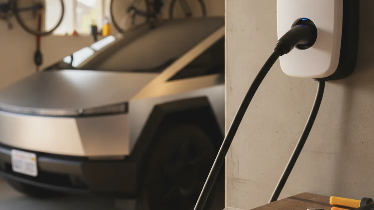 Tesla charging at a home wall connector on a rainy evening