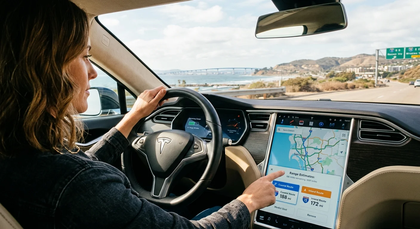 Tesla dashboard showing battery percentage dropping on a wet day