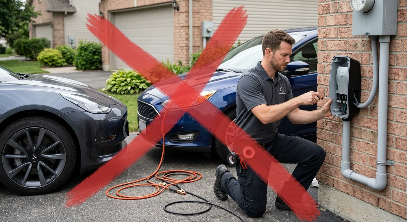A Tesla parked nose-to-nose with a traditional gas-powered car, with jumper cables laid out on the ground between them, and a large red X superimposed over the image.