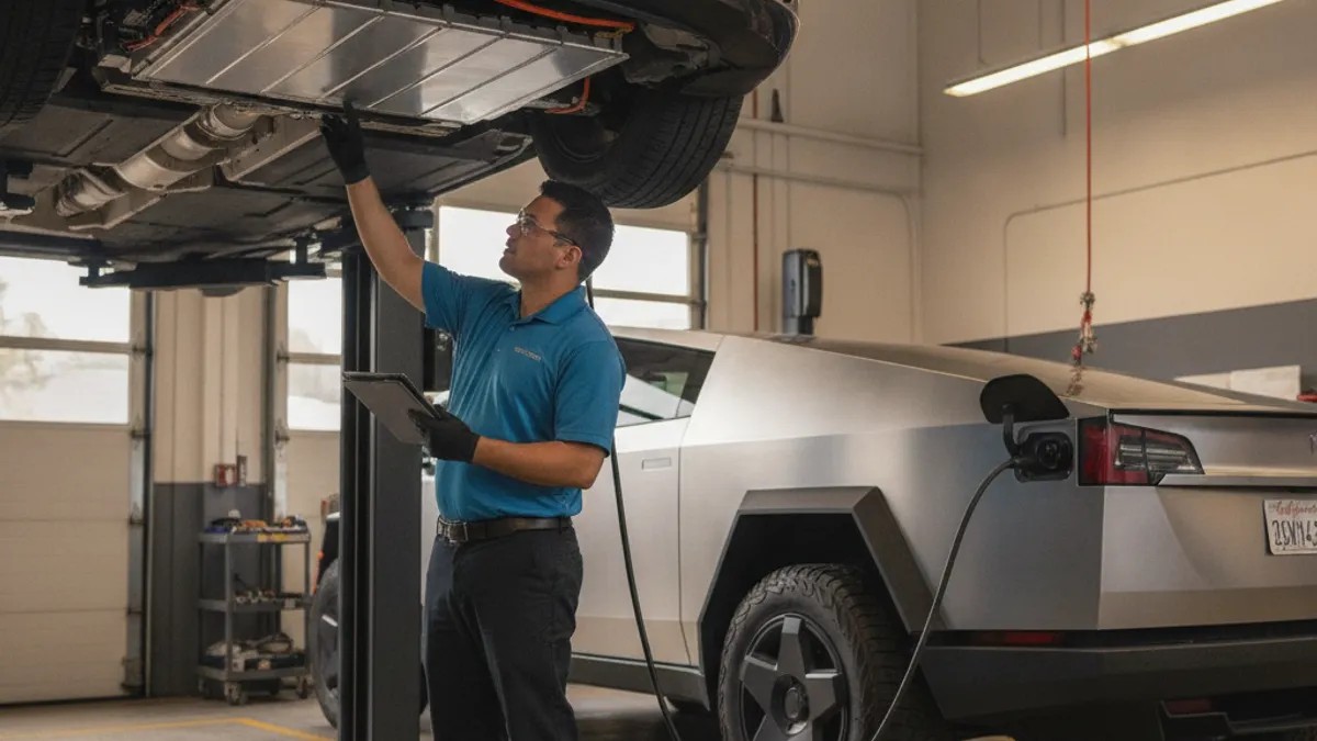A technician in a service bay inspecting the underside battery pack of a Model 3 raised on a lift